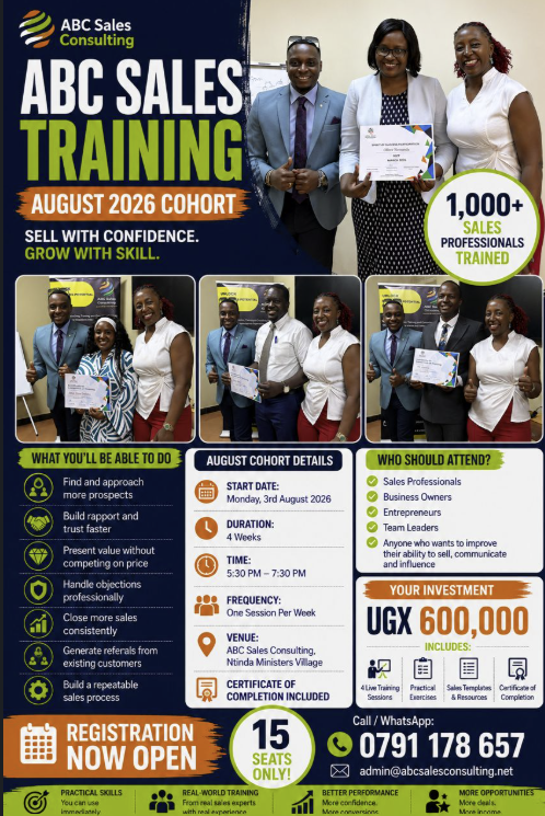 ABC Sales Training August 2026 Cohort flyer detailing price, schedules, and skills taught