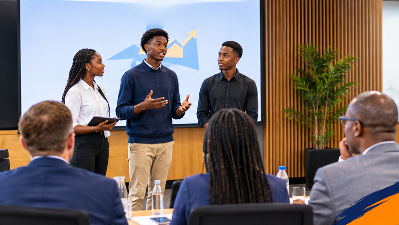Students pitching their venture idea to business executives on Launch Day