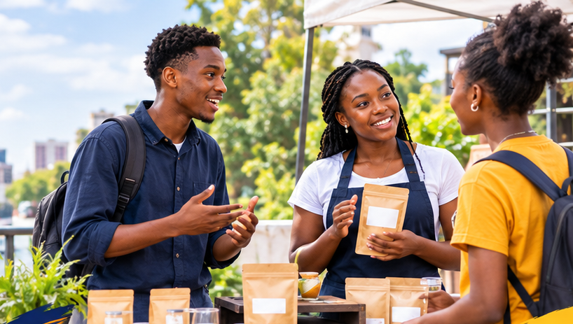 Students selling real products at the marketplace booth